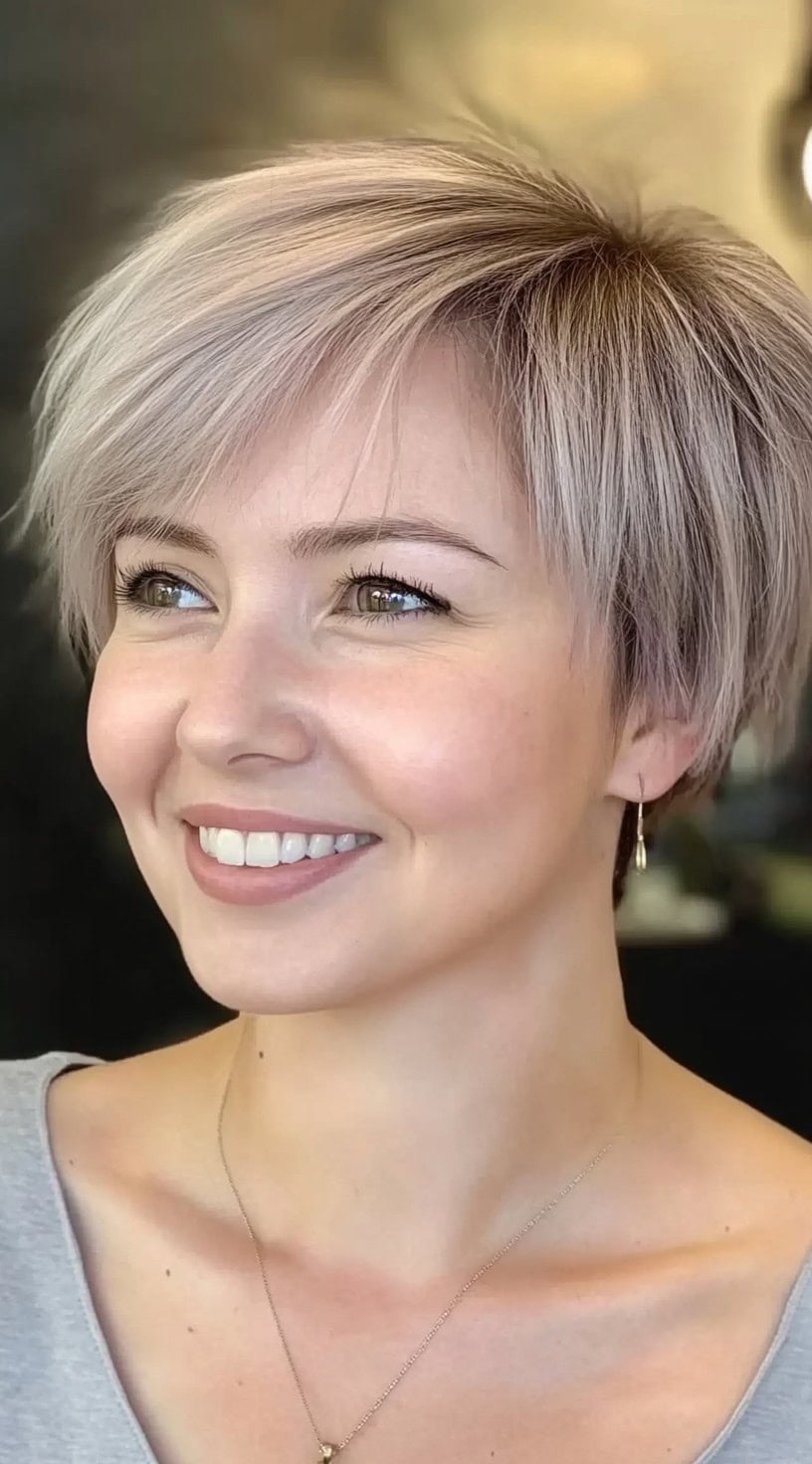 Smiling woman with silver blonde pixie bob haircut and side swept bangs wearing a gray top.