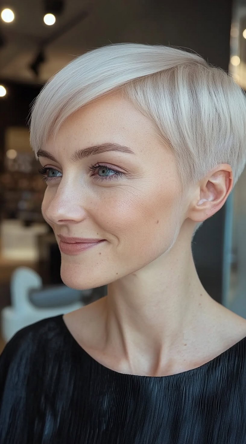 A softly lit portrait of a woman with an icy blonde pixie bob parted to the side and neatly tucked behind her ear.