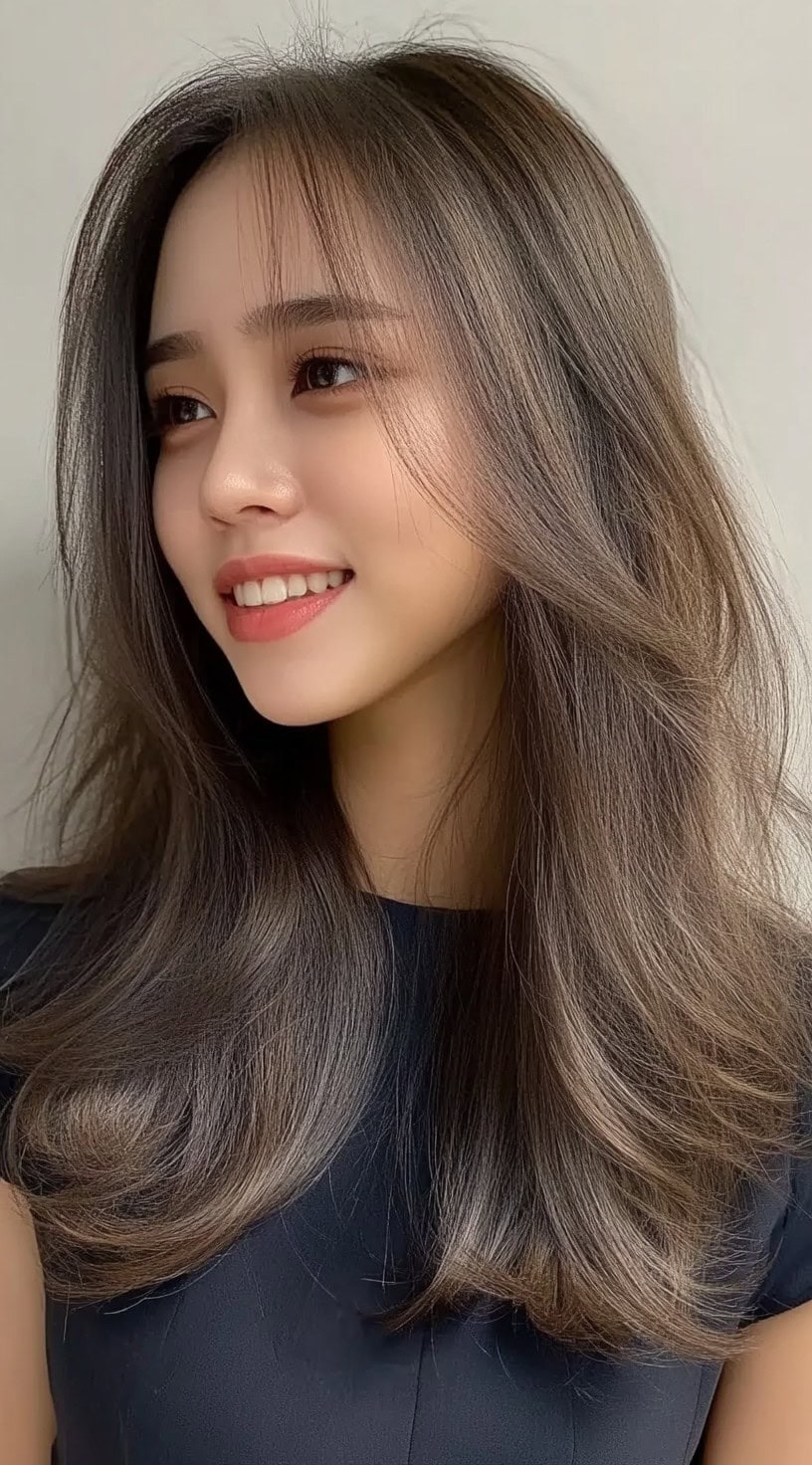 Smiling woman with long, voluminous brown hair, soft layers of face and thin fringe on the curtains.