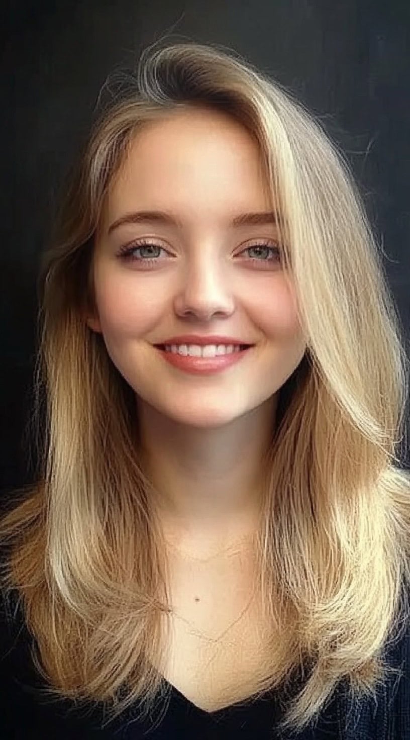 Side profile of a young woman with a thin, shaggy feathered haircut and loose, light bangs.