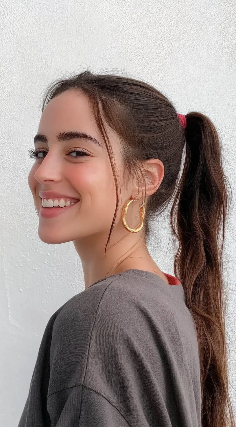 A smiling woman with a high ponytail and long brown hair styled in soft strands that frame her face.