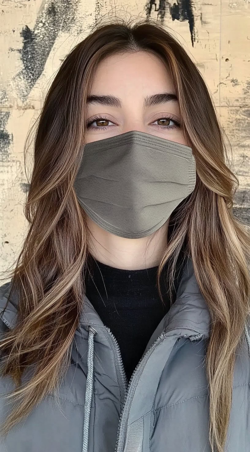 A young woman with long, thin, layered dark hair wearing a mask and down jacket.