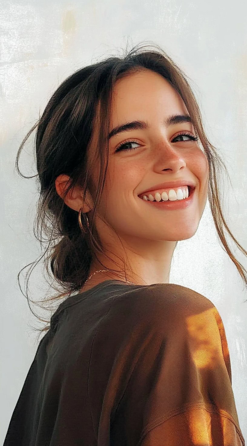 A smiling woman with long brown hair pulled back into a casual low bun with soft front strands framing her face.