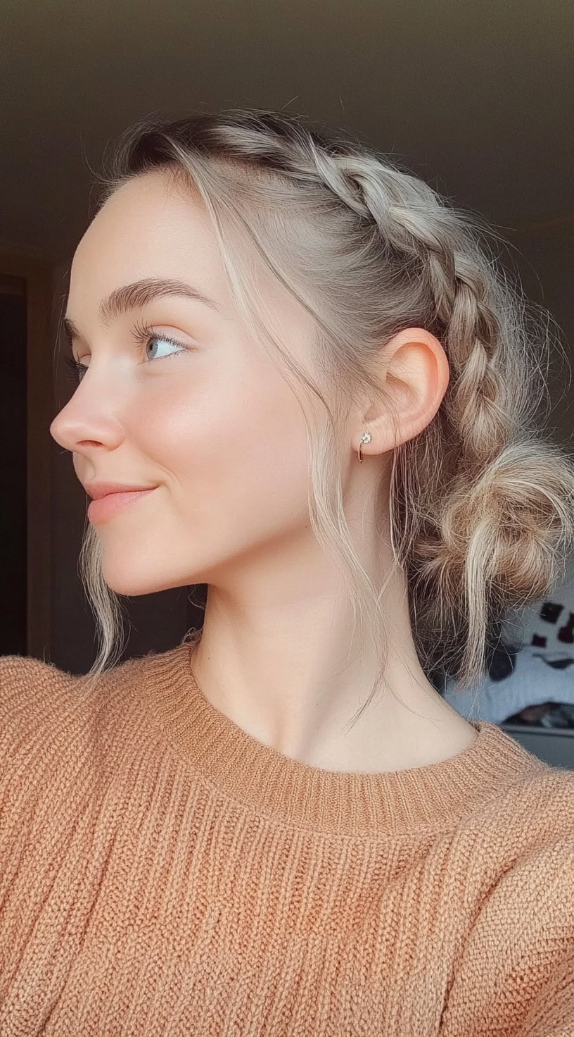 Side profile of a woman with a braid braided at the top of her head and a messy low bun secured at the back of her head.