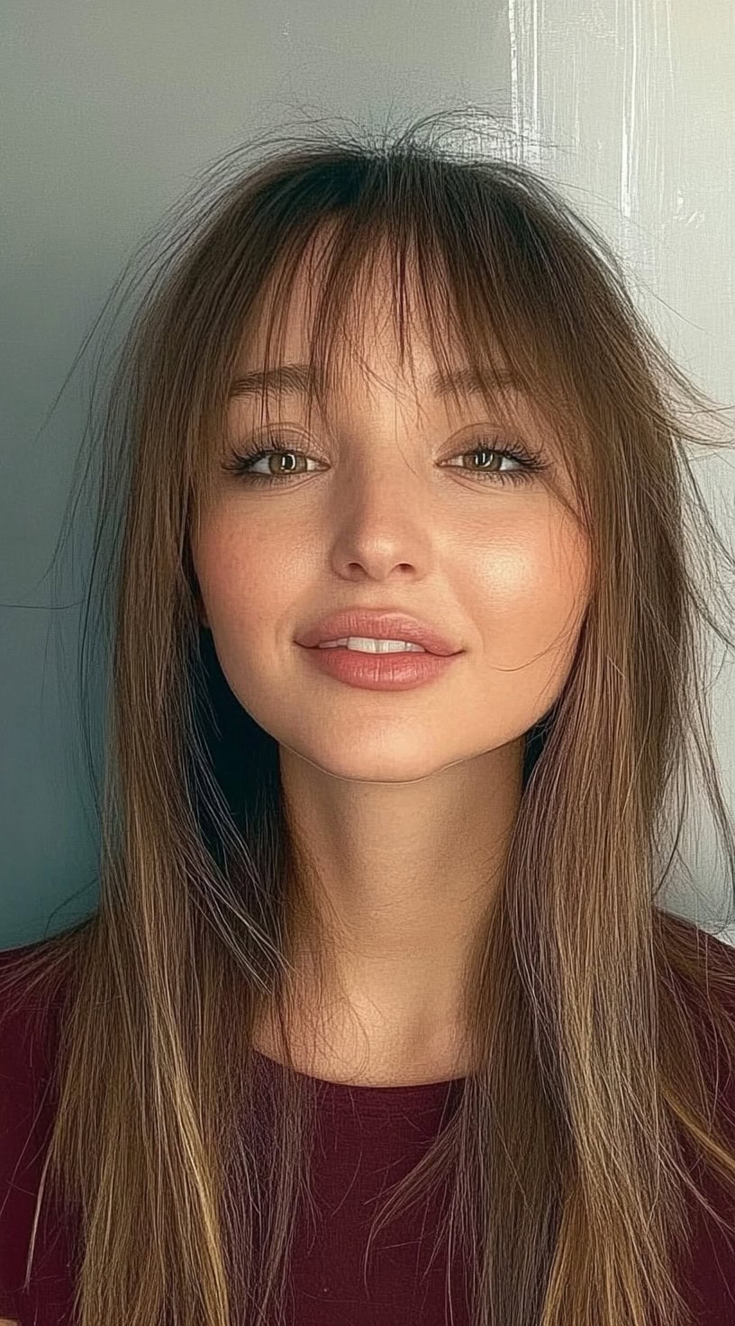 A young woman with long, layered dark hair and thin bangs styled in soft waves.