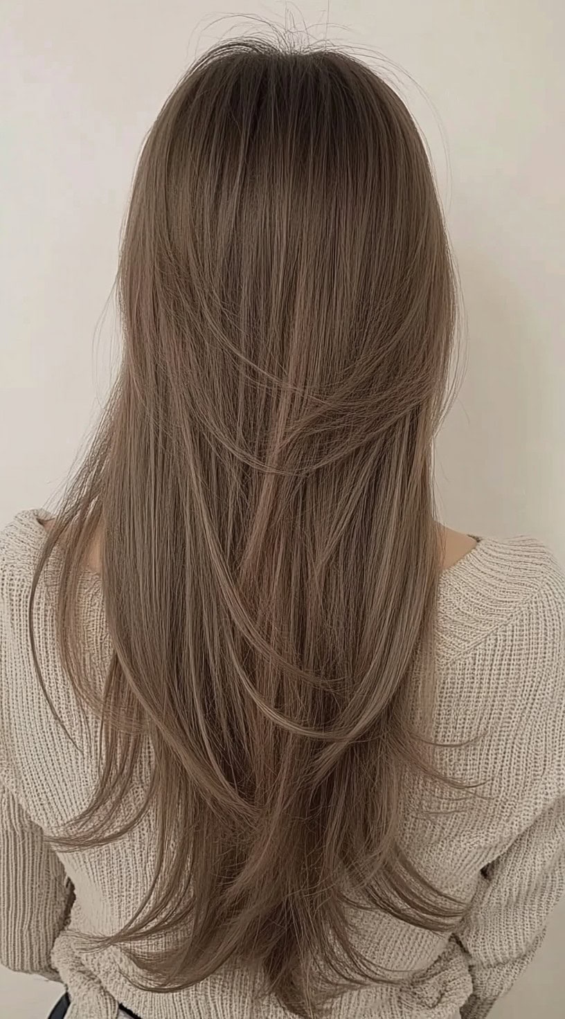 Rear view of a woman with long, straight ash brown hair styled in thin, seamless layers.