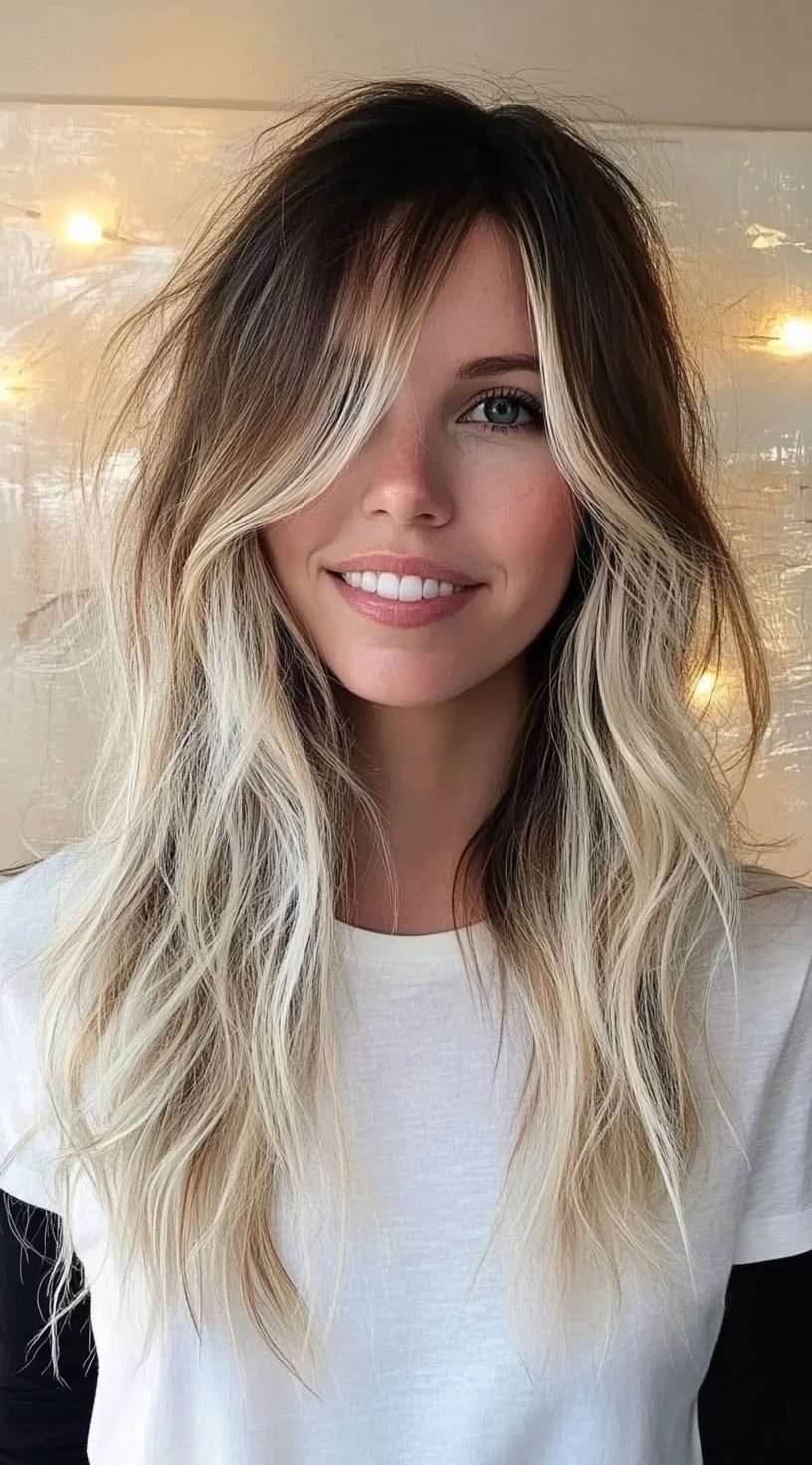 Smiling woman with long wavy brown hair and bright blonde highlights in a shaggy layered haircut.