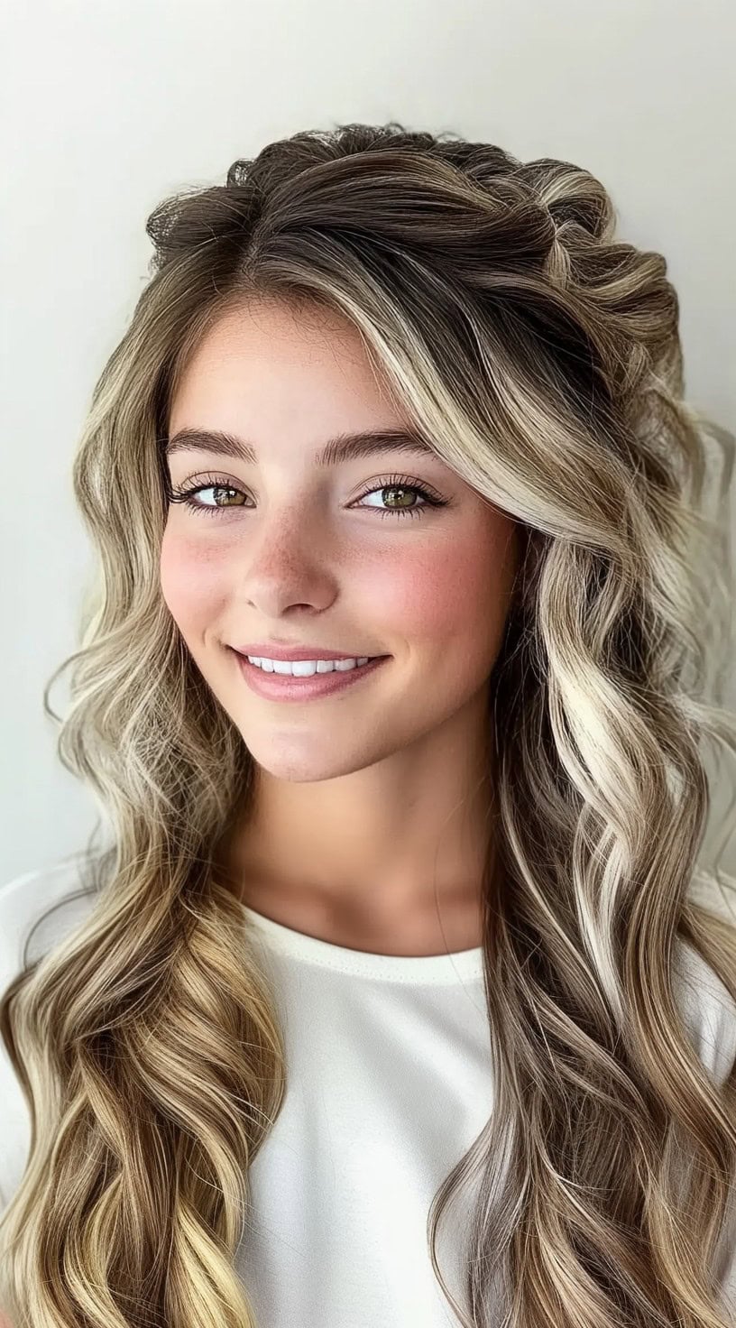 A woman with long wavy hair parted to the side and a braided hair on top giving a bohemian and elegant look.