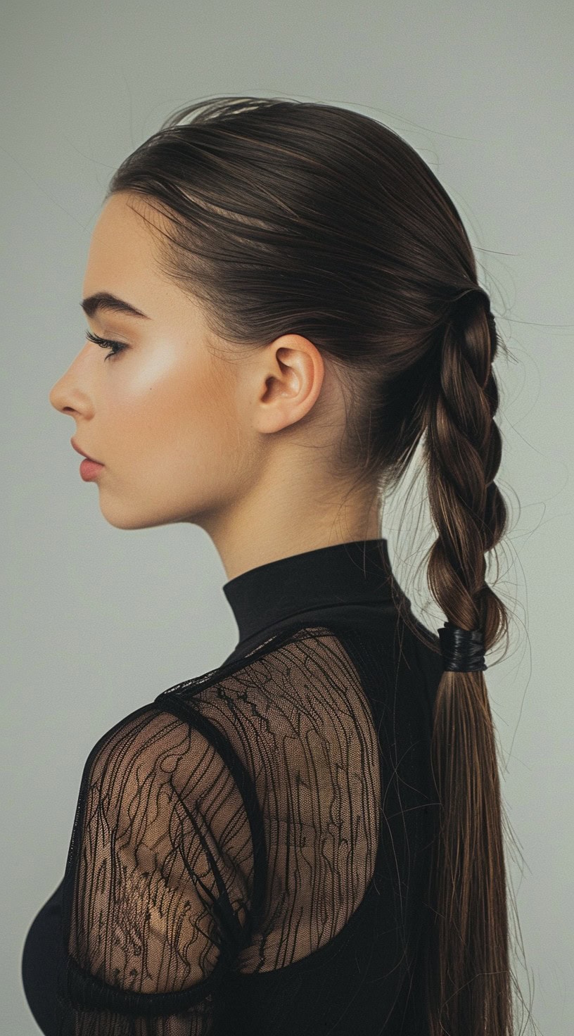A woman with a sleek ponytail, partially braided at the top, wearing a black lace top.