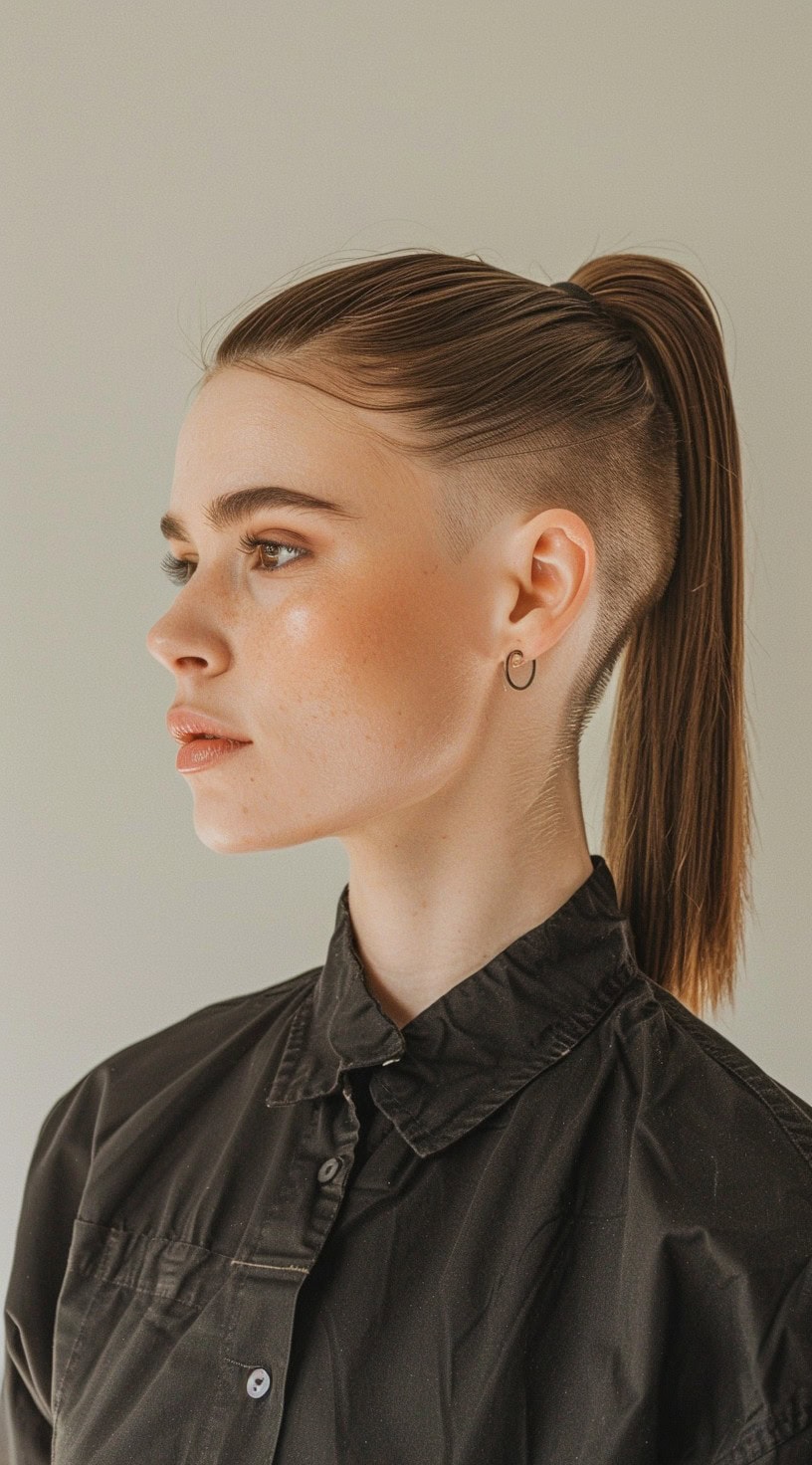 A woman with a short sleek ponytail and haircut, wearing a black shirt.