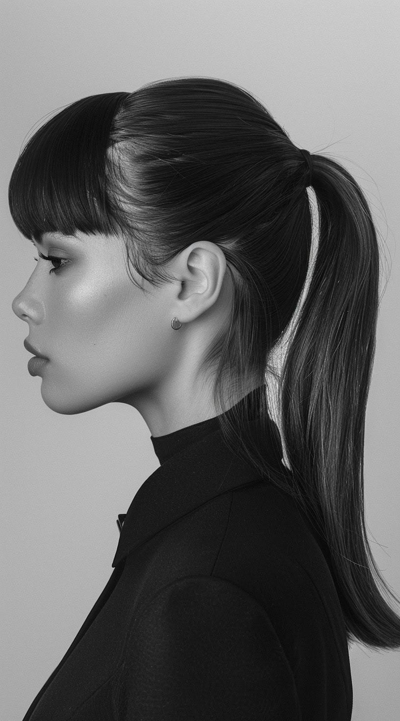 A woman with a sleek, S-shaped ponytail wearing a black turtleneck.