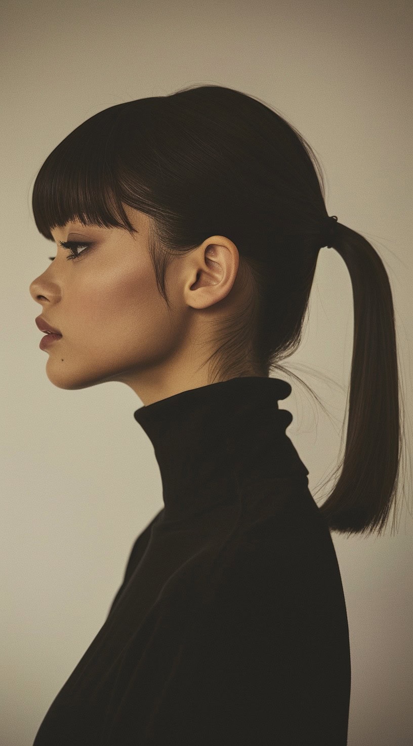 A woman with a short sleek ponytail and loose bangs wearing a black turtleneck.