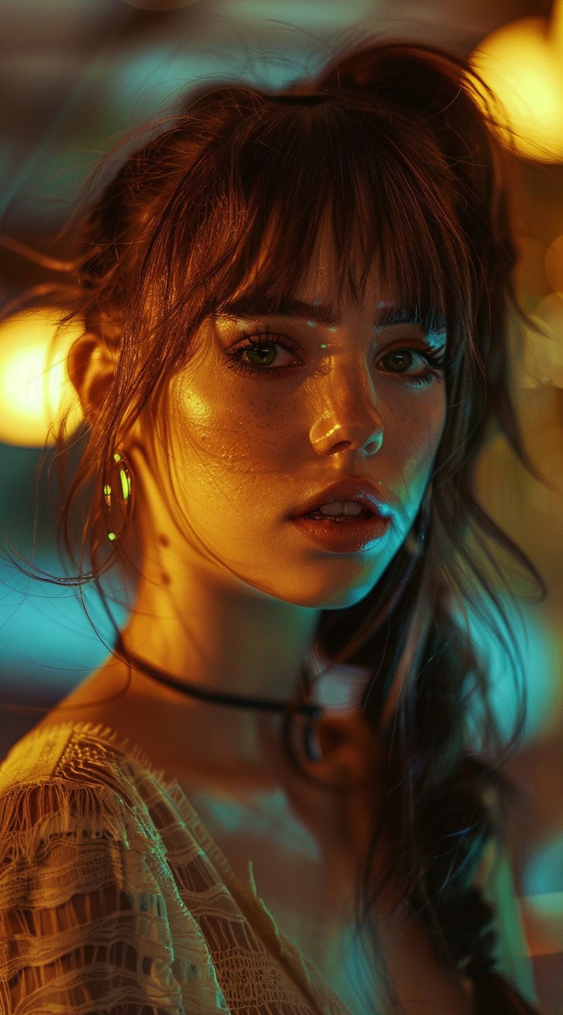 Close-up of a woman with dark hair, messy bangs and a side-curled ponytail.