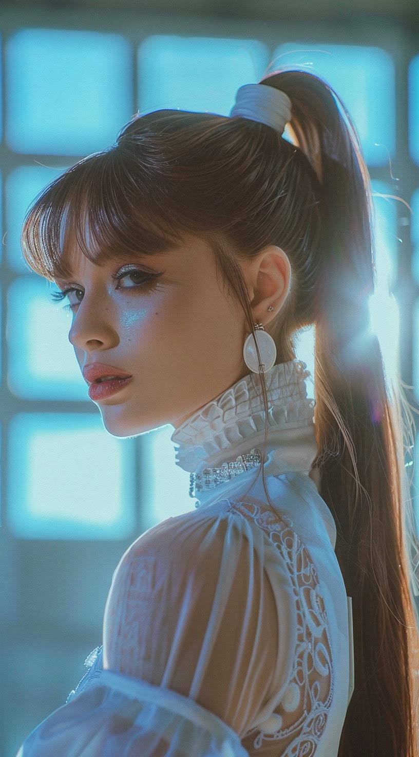 Close-up of a woman with polished, tight bangs and a sleek high ponytail, reflecting a modern and sophisticated look.