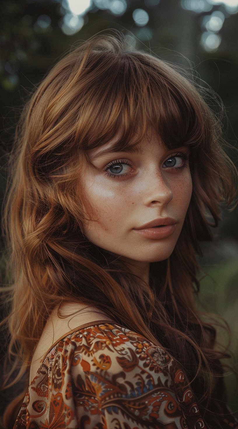 Close-up of a woman with faux crew-neck bangs and long, naturally wavy hair.