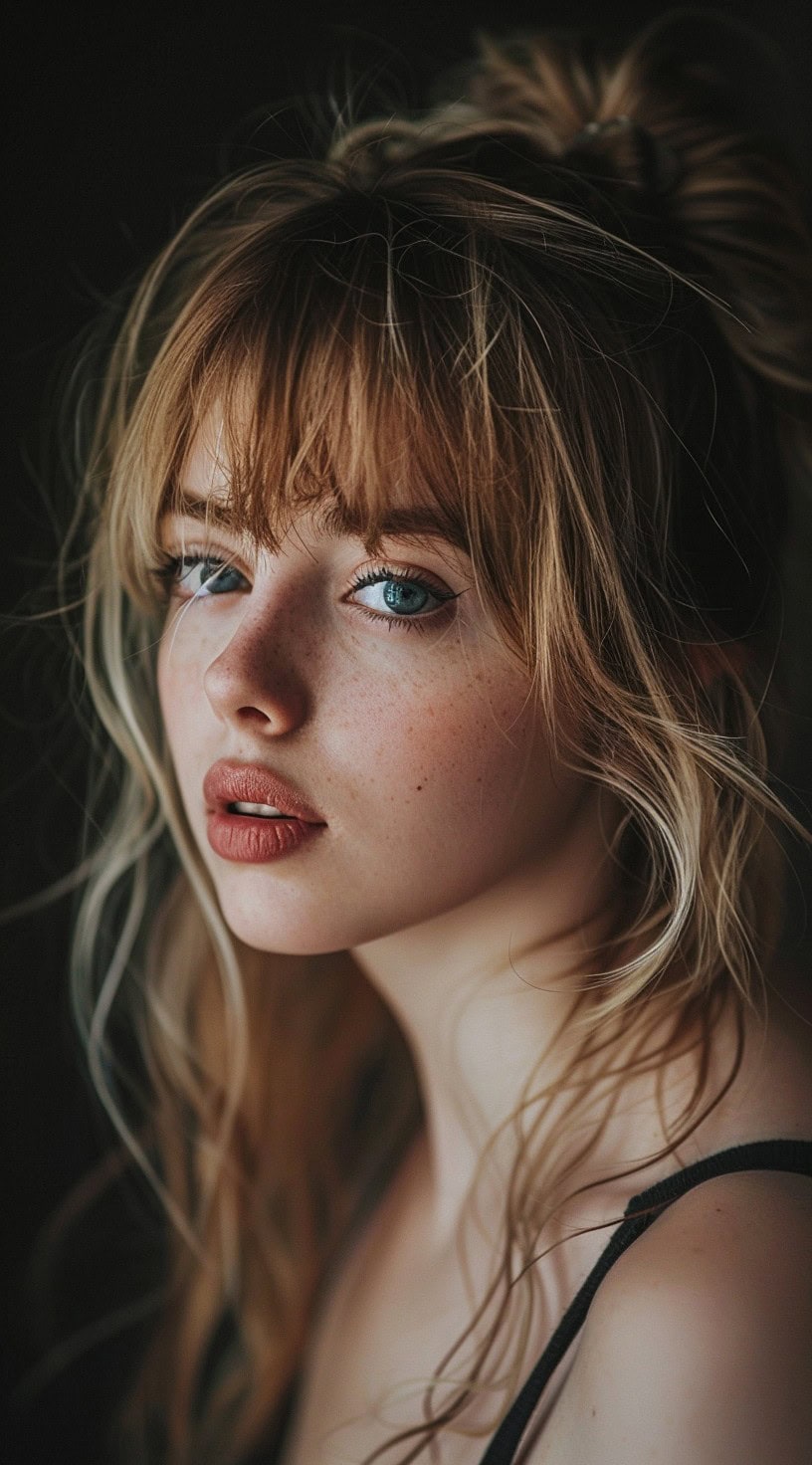 Close-up of a woman with dark hair styled half up and half down, with narrow bangs framing it.