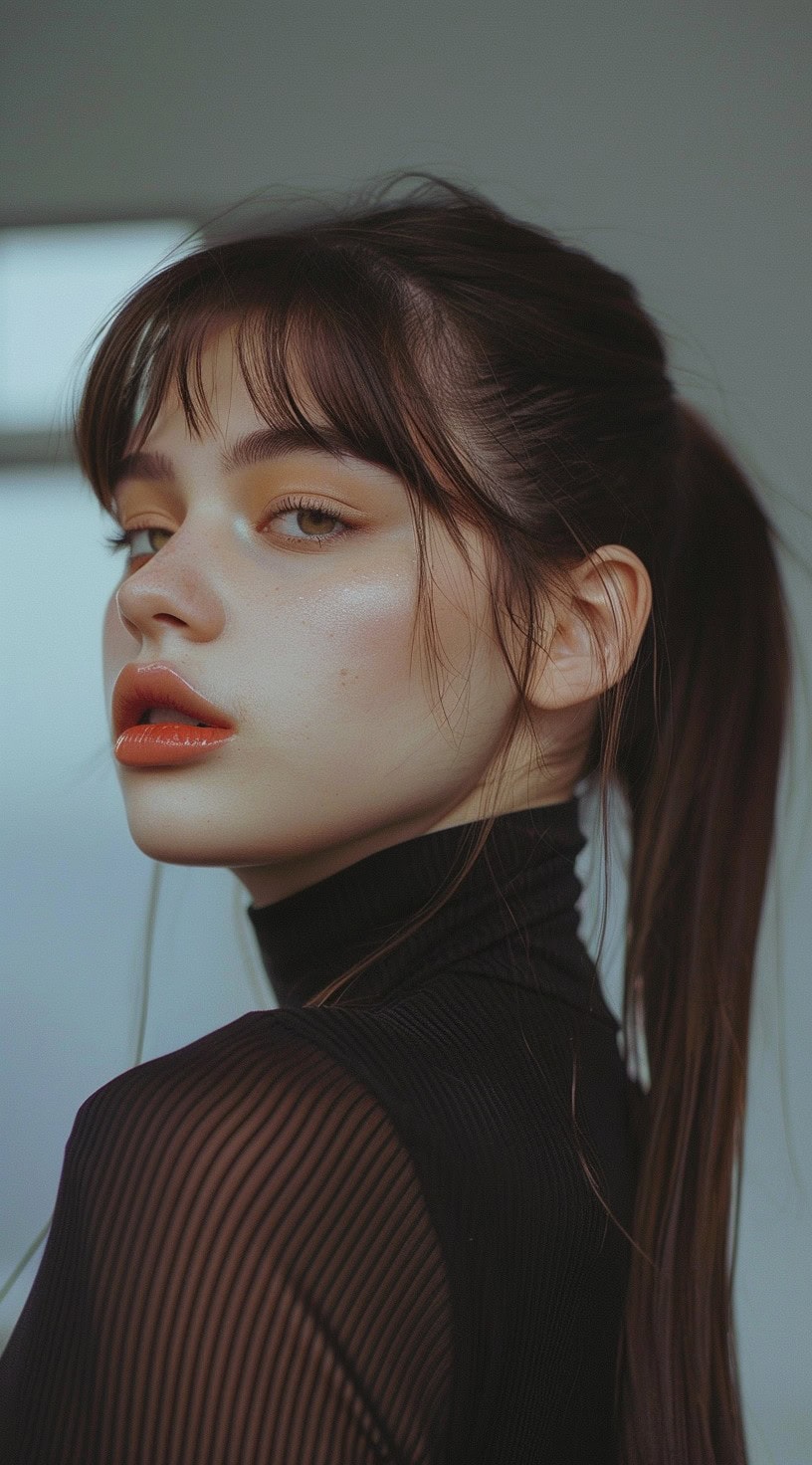 Close-up of a woman with a sleek ponytail and wispy bangs for a modern and sophisticated look.