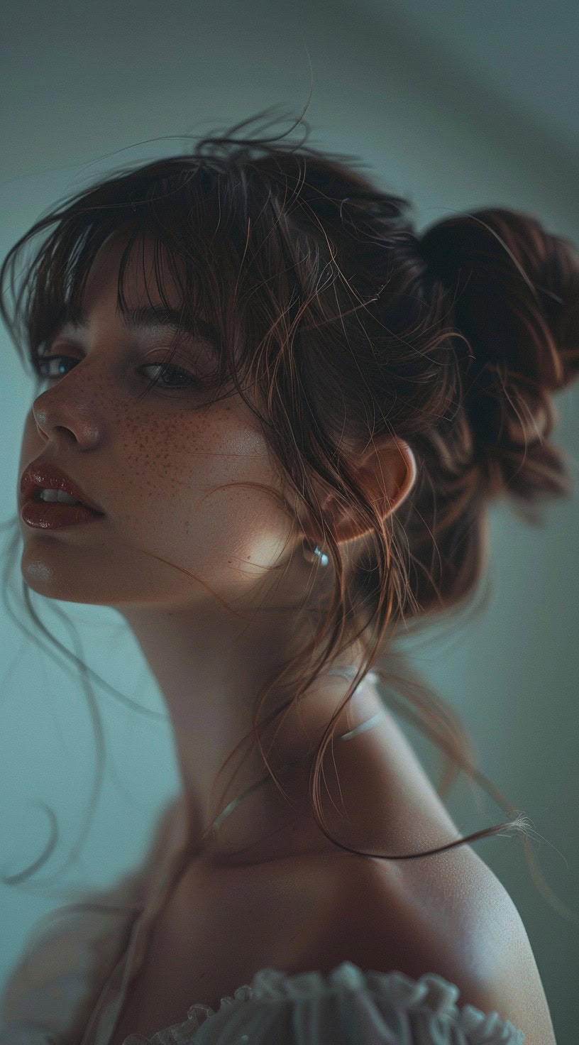 Close-up of a woman with soft, tight bangs and a messy high bun for a chic and effortless look.