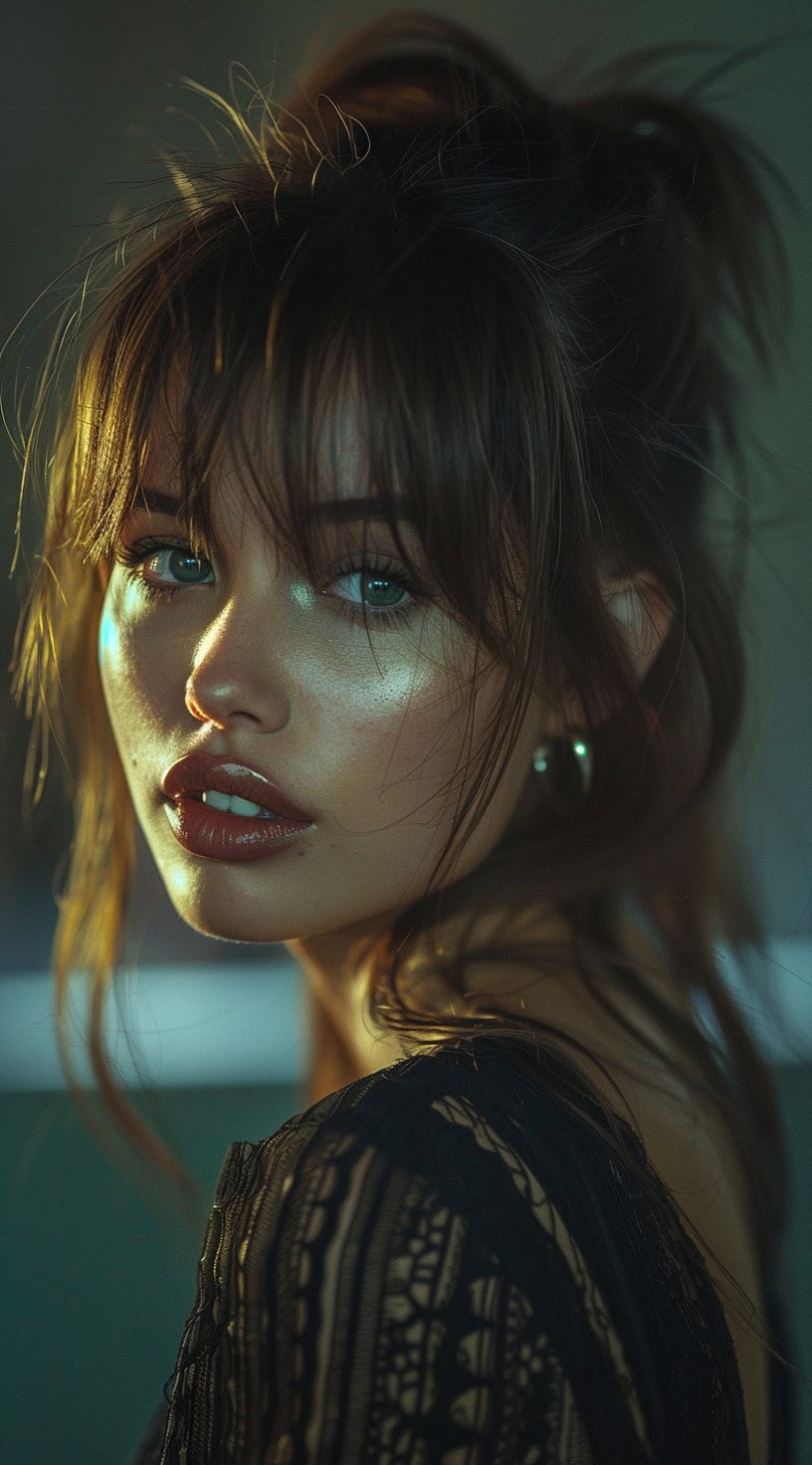 A close-up of a woman with tousled eye-length bangs, a half-down hairstyle and thick curls framing it.