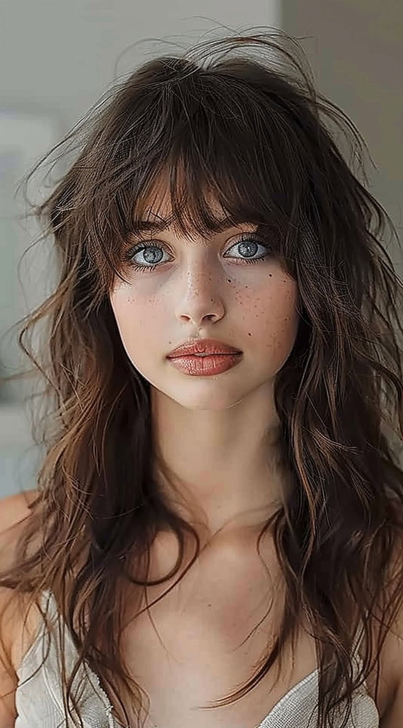 Close-up of a woman with tousled bangs and wavy layers creating a textured and voluminous look.