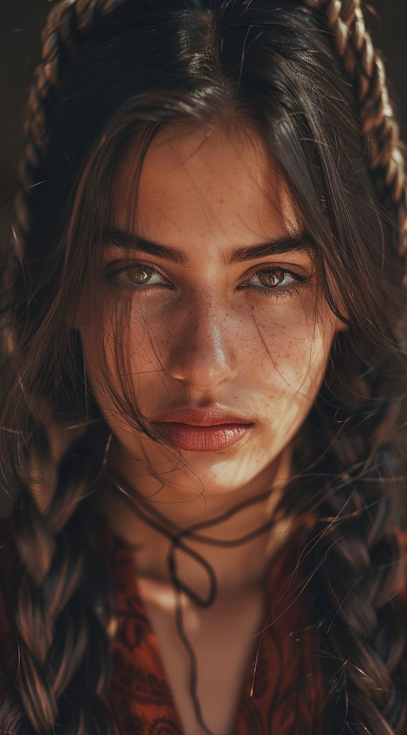 In this image, a woman has long dark hair in loose braids that frame her face in layers.