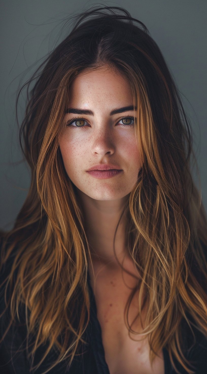 A woman with long light brown hair, parted down the middle and styled in layers.