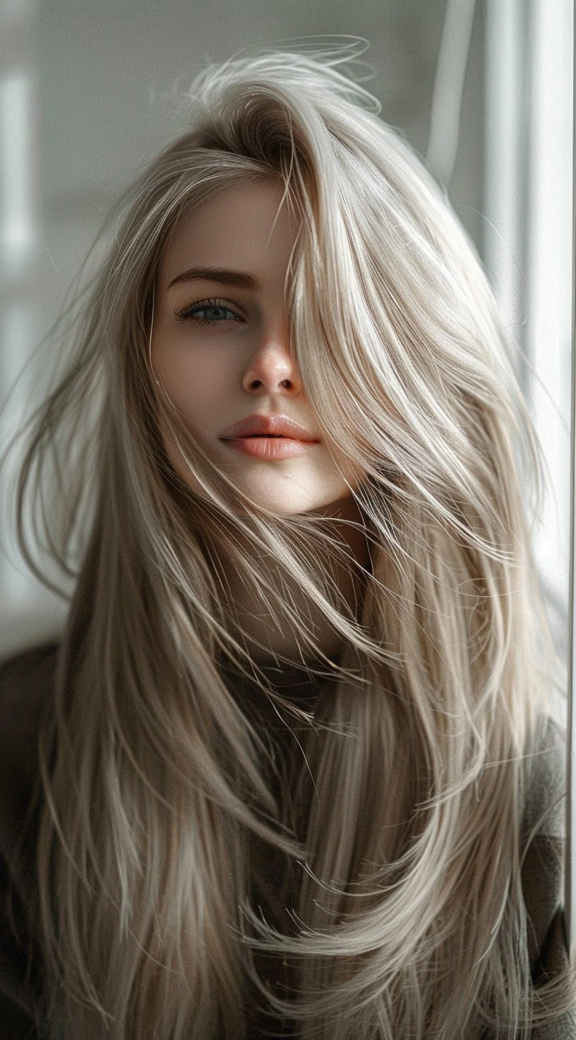 Woman with sleek straight hair, long layers and side bangs.