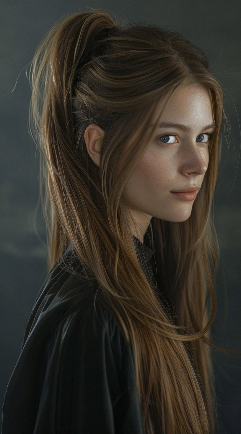 A woman with long light brown hair worn in a half-up, half-down ponytail with multiple layers.