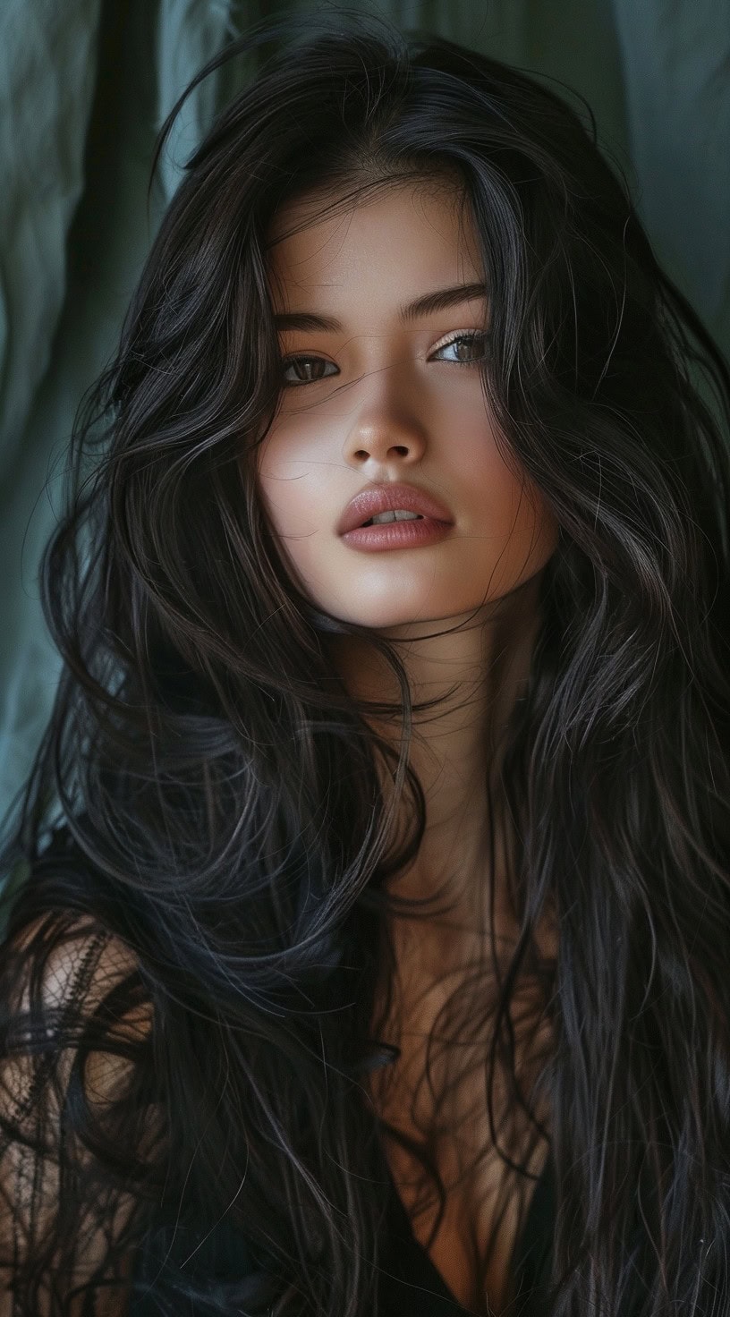 A woman with long dark hair styled in flowing layers.