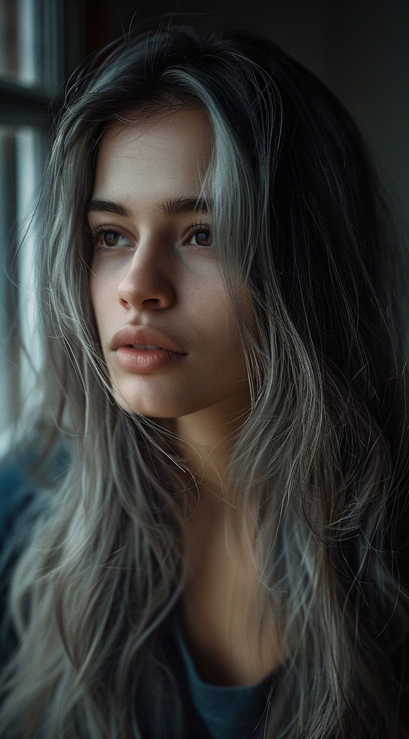 A woman with long silver hair layered in layers.