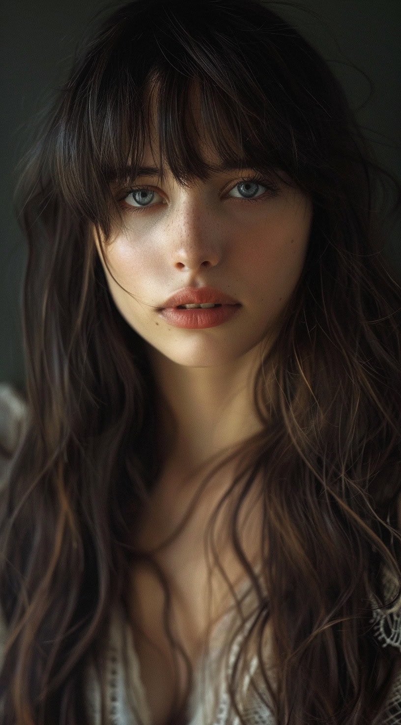 A woman with long dark hair, styled in shaggy layers, with full bangs.