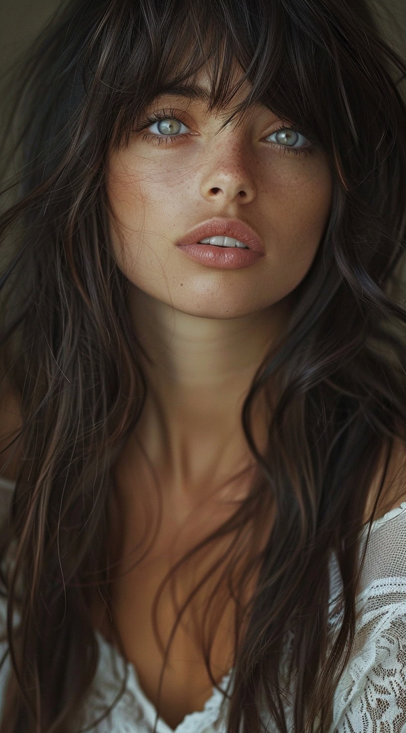 Woman with tousled long hair with thin bangs and layers.