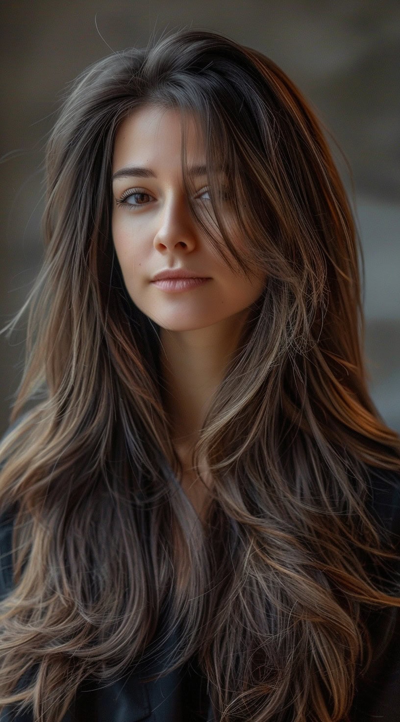 A woman with long, voluminous hair styled in soft waves and layers.