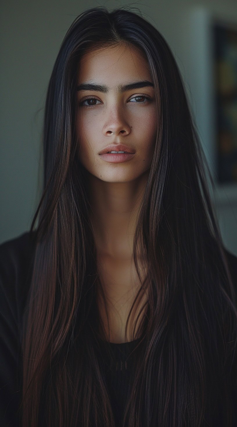 A woman with long, dark, smooth hair styled in layers.