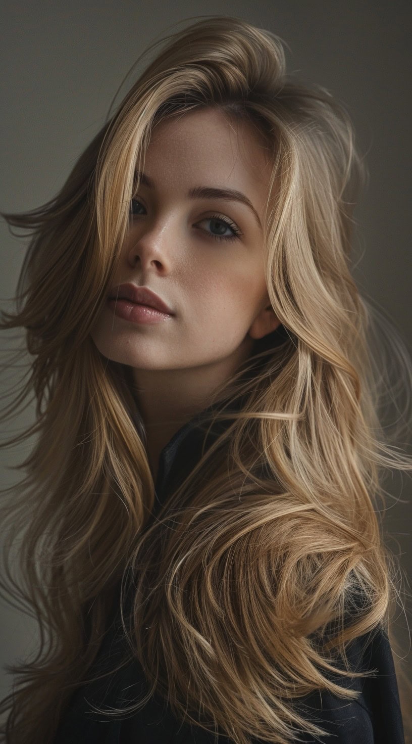 A woman with feathers and side-swept bangs.