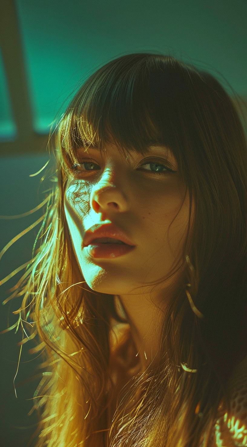 A woman with soft wavy hair and straight bangs.
