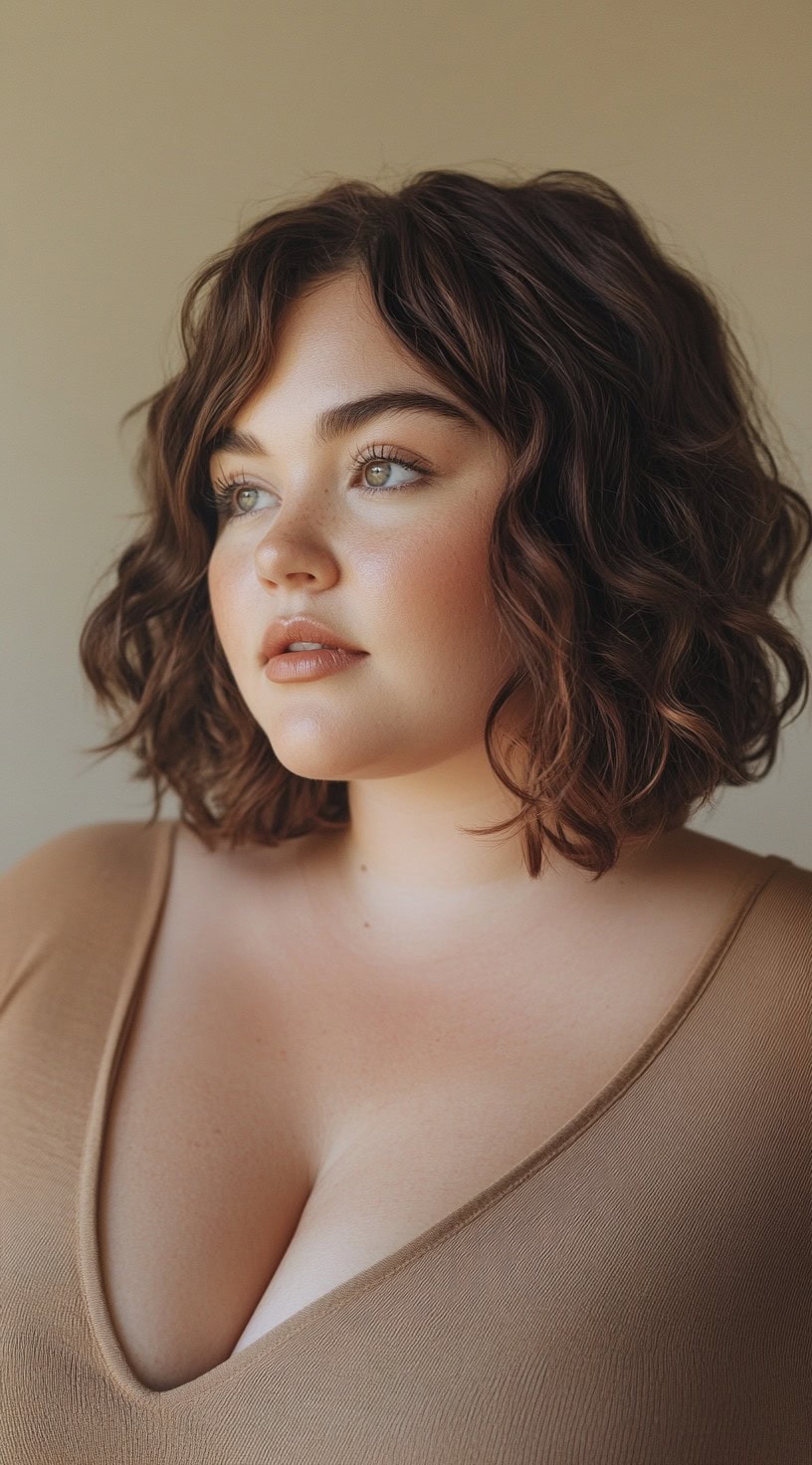 Curly brown bob with soft natural waves and a mid part.