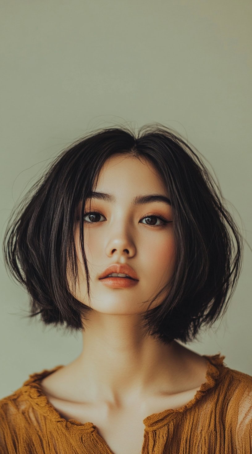 A textured layered bob with face-framing bangs and a slightly messy finish.