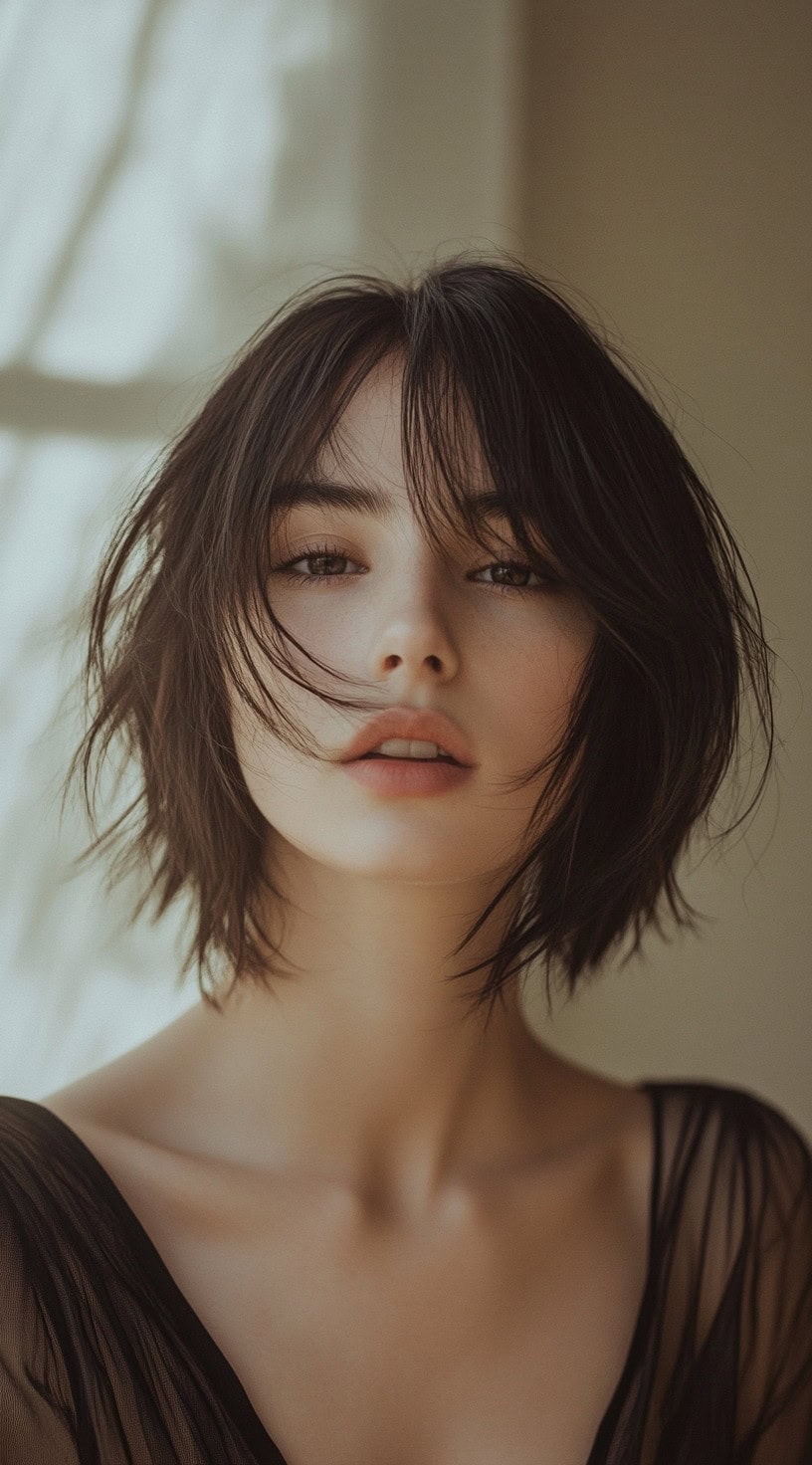 A layered shaggy bob with wispy bangs and a slightly tousled look.