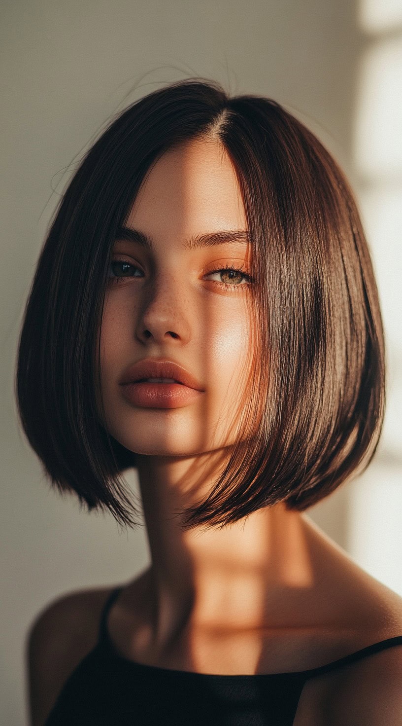 A sleek straight bob with an edgy mid-section and a shiny finish.