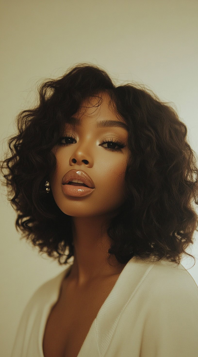 A voluminous curly bob with a side parting and defined curls.