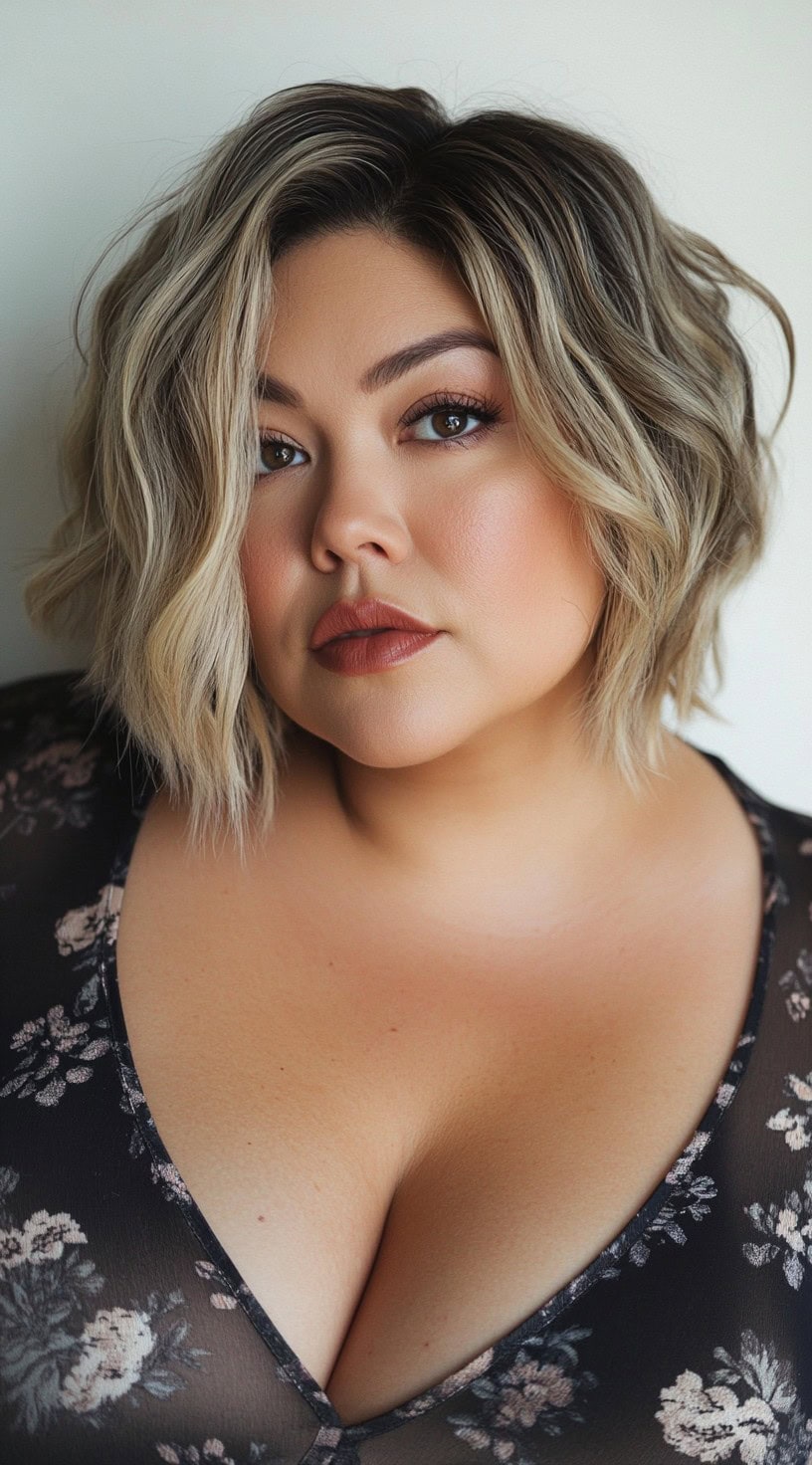 A tousled blonde bob with dark roots and soft waves.
