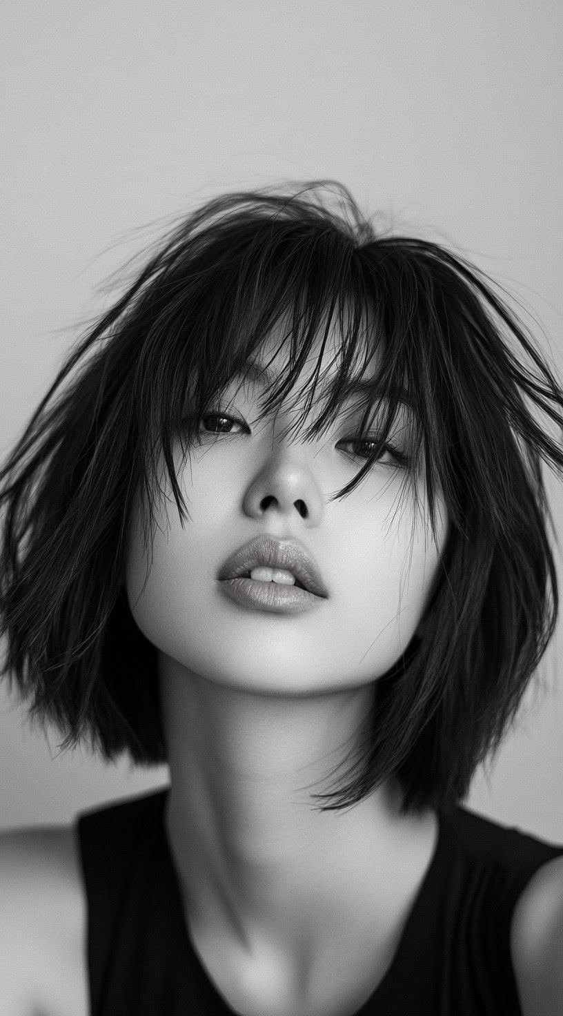 A messy shaggy bob with wispy bangs and a loose texture.