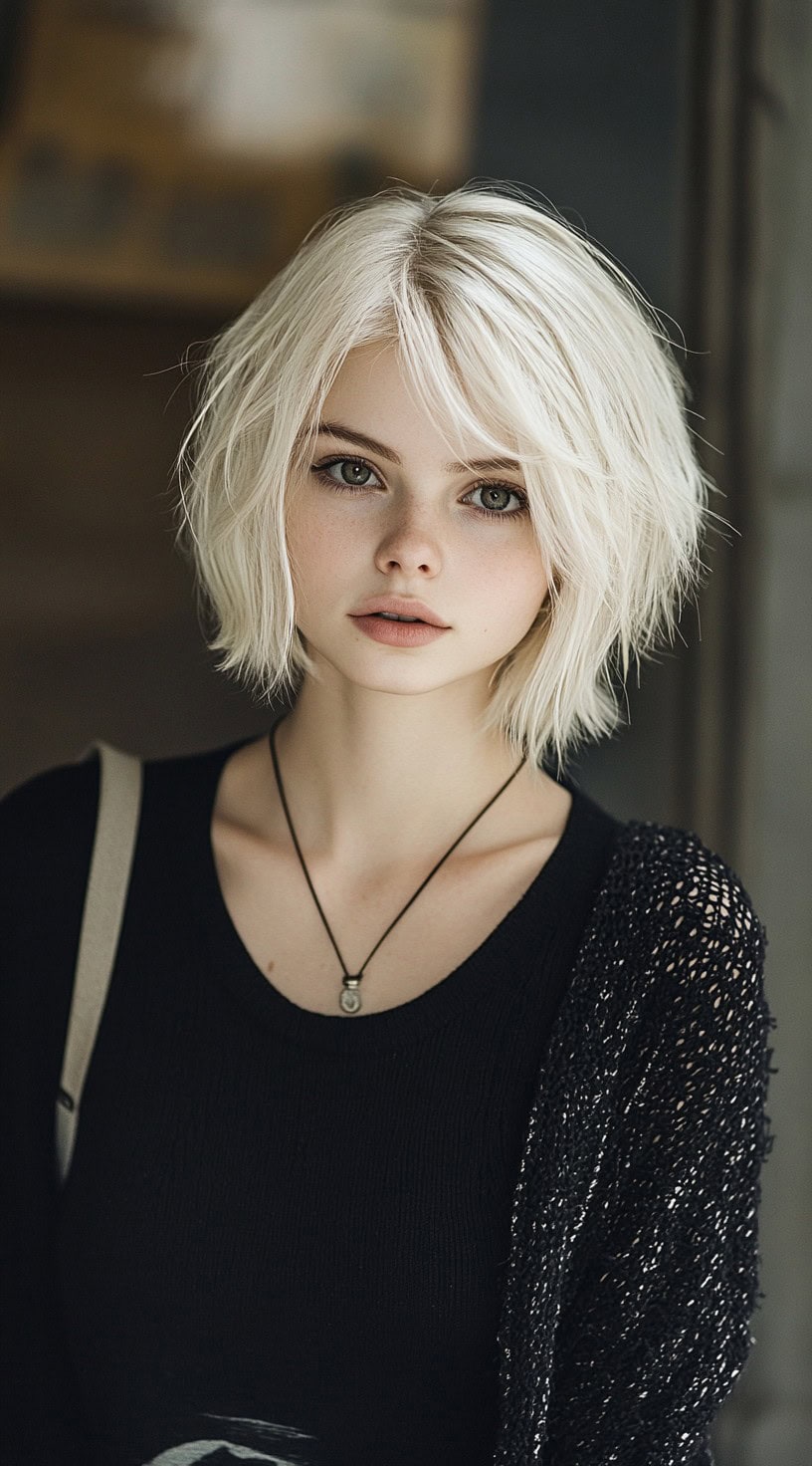 Platinum blonde with uneven layers and a slightly messy finish.