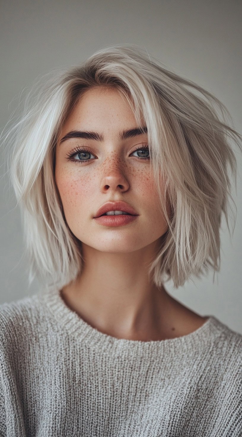 Textured platinum bob with root shadow and voluminous waves.