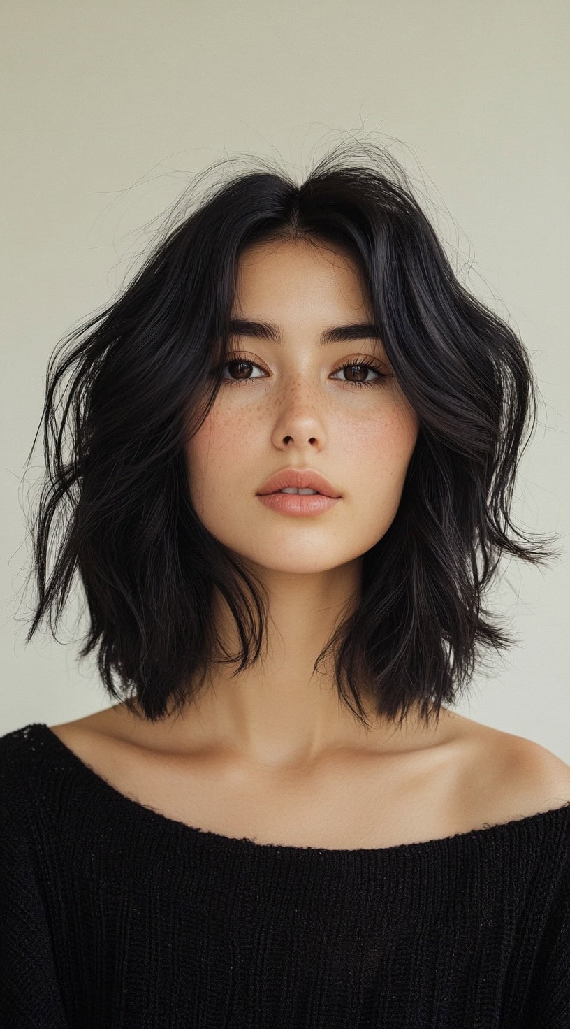 A wavy bob with soft bangs and a tousled finish.