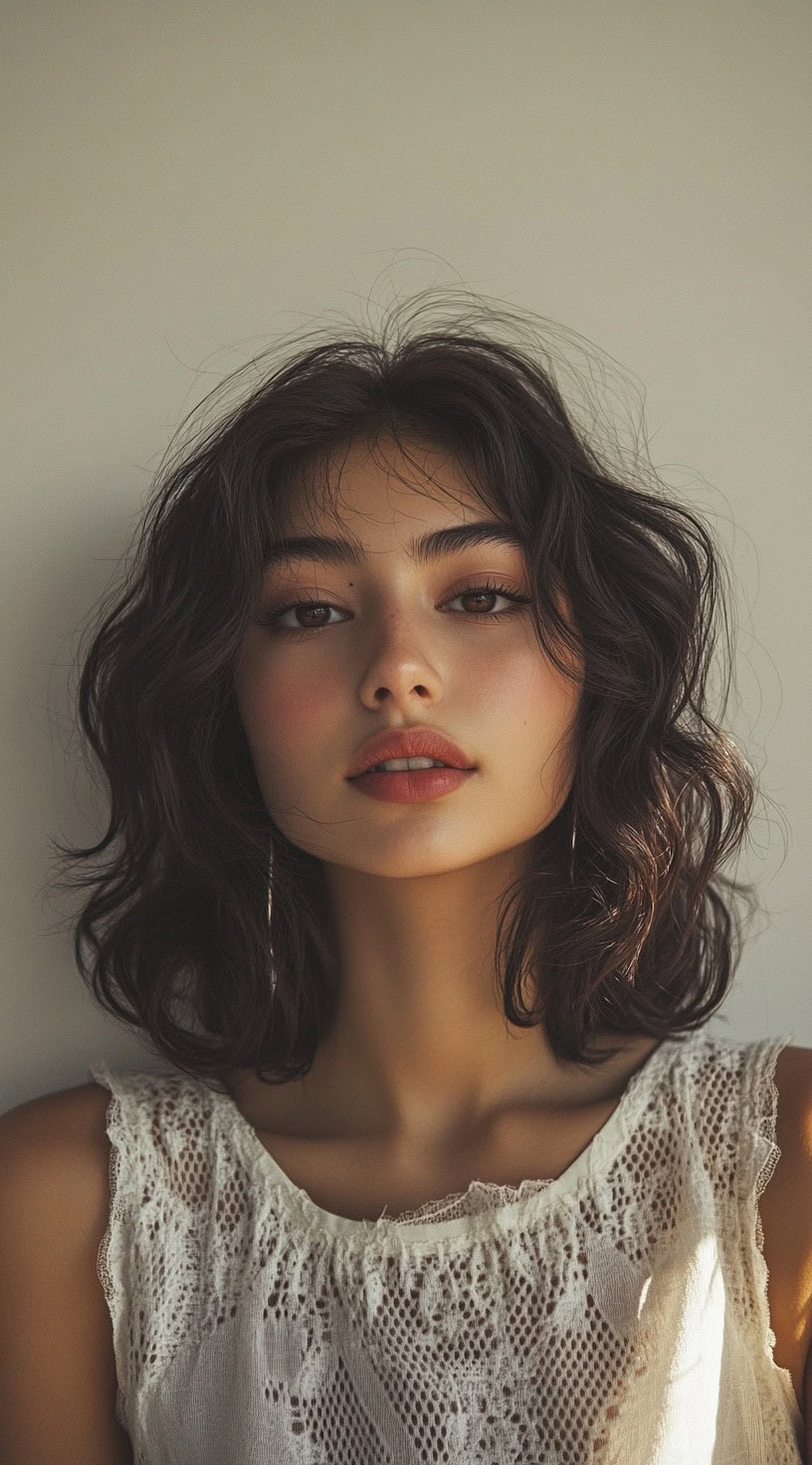 A choppy textured bob with a mid part and subtle waves.