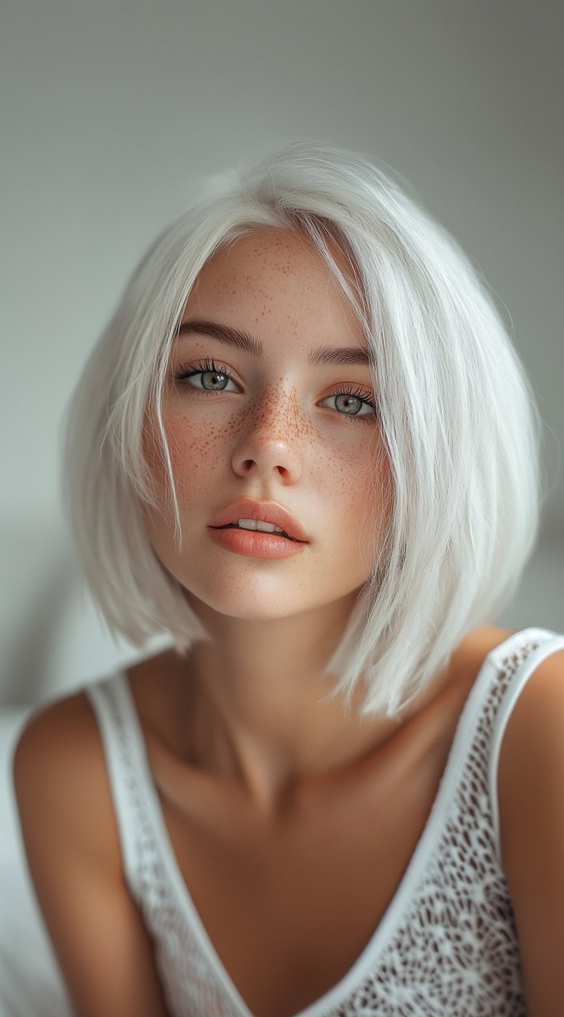 A sleek asymmetrical platinum blonde bob with sharp angles and a sleek finish.