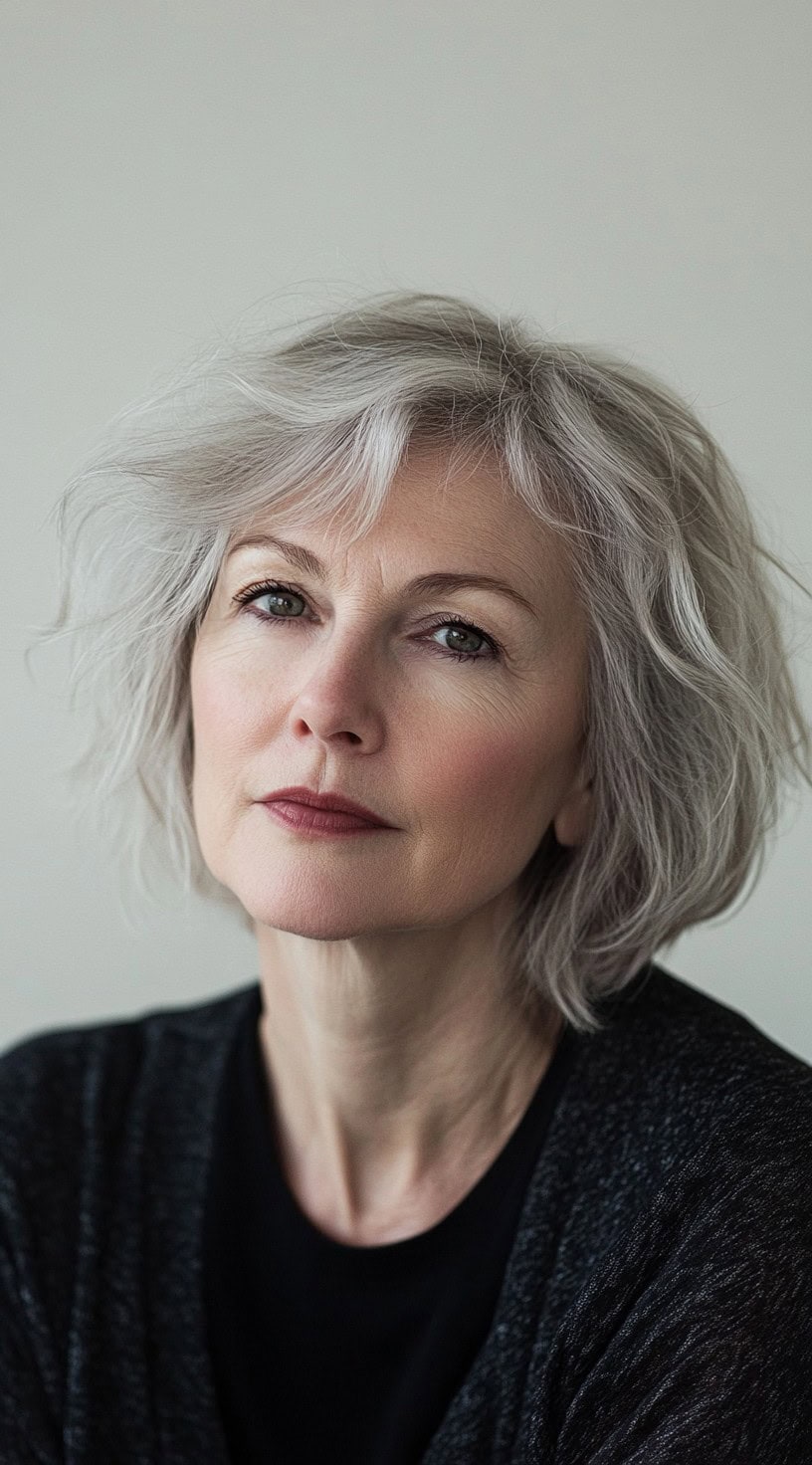 This image shows a woman with wispy, shoulder-length silver hair styled in a soft bob with side-swept bangs.