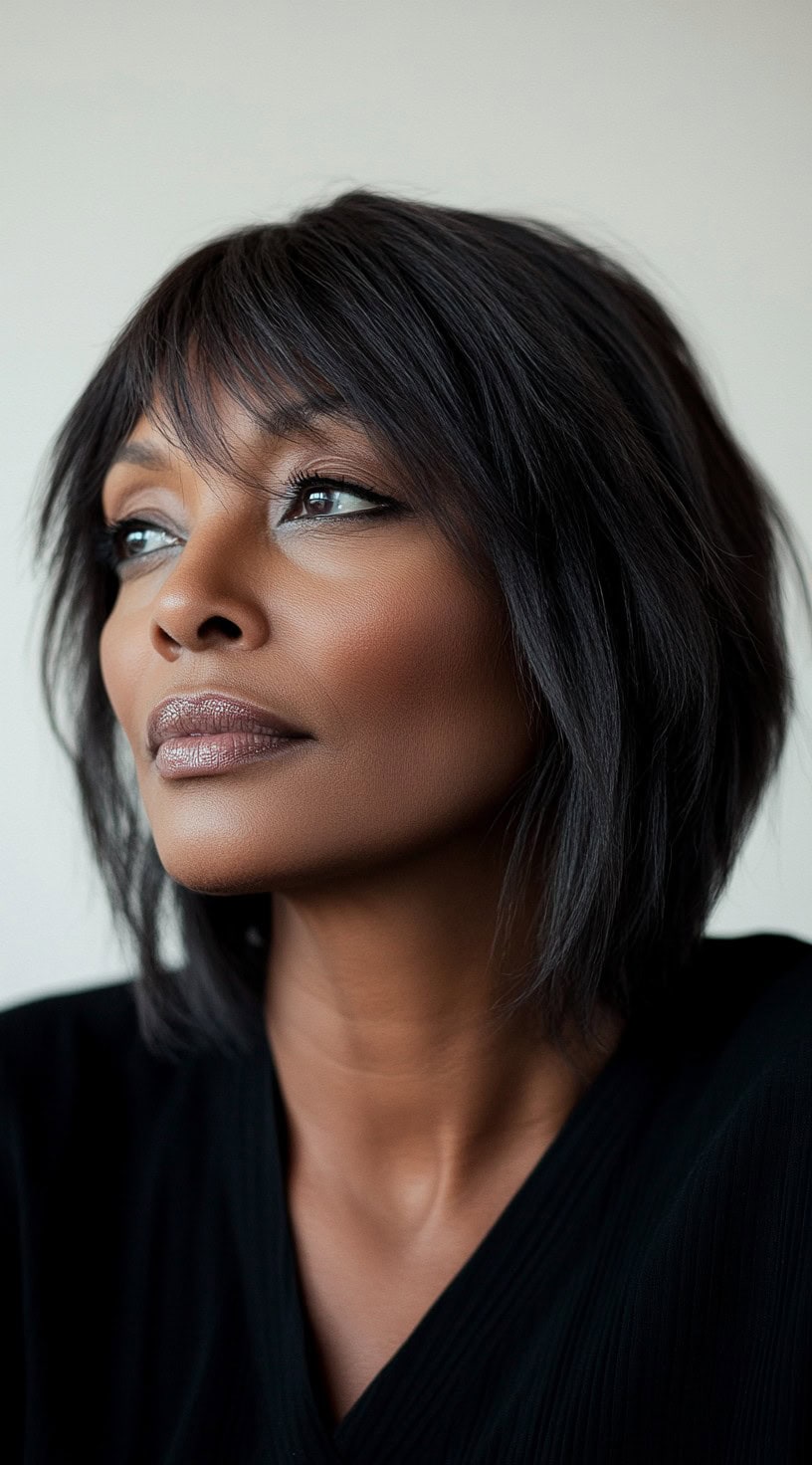 This image shows a woman with fine, straight dark hair styled in a sleek bob with wispy bangs.